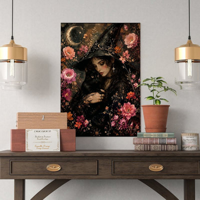Canvas Wall Art Witch With Black Cat And Flowers Moon Art Print Vintage Poster Print Home Decor