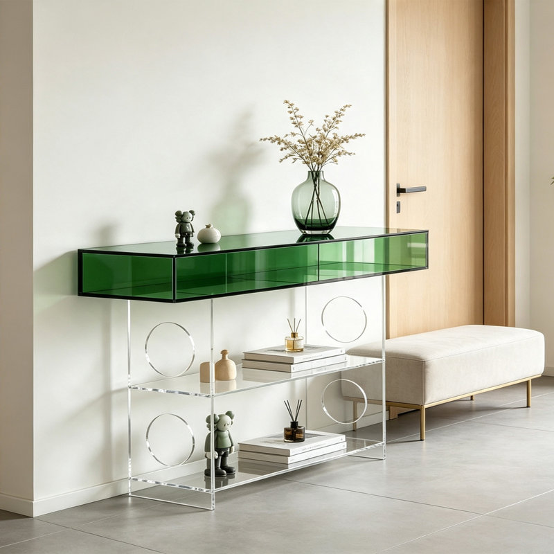 Table console en acrylique avec plateau vert, H 29,53 po x l 47,24 po x P 11,81 po