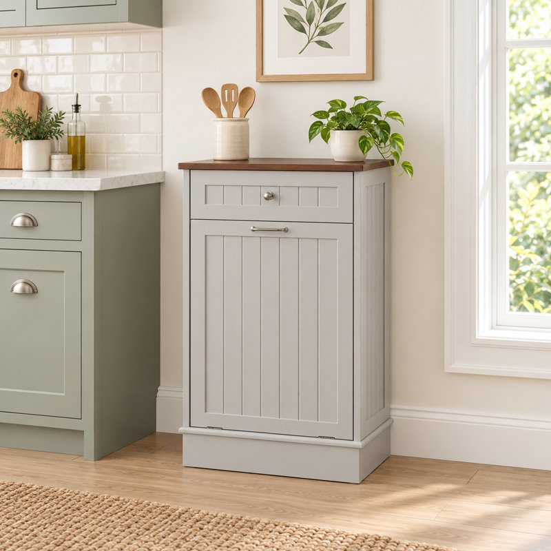 Meuble de poubelle basculant de style champêtre avec tiroir de rangement, en bois, d'une capacité de 38 litres (10 gallons), pour la cuisine et la buanderie - Gris/Une porte