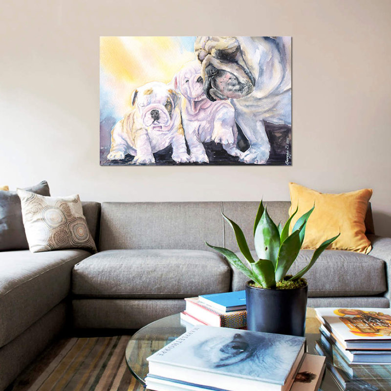 « english bouledogue family », impression sur toile, H 8 po x l 12 po x P 0,75 po, Toile tendue, Pas de tapis