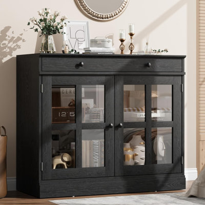 Modern 35.4" White Sideboard Buffet Cabinet with Glass Door & Drawer, Storage Cabinet for Dining Room and Kitchen