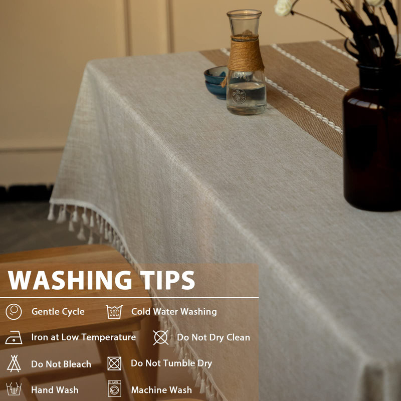 Embroidered Cotton Linen Tablecloth, Washable, Tassel, Wrinkle-Free for Kitchen, Dining, Holidays, Brown