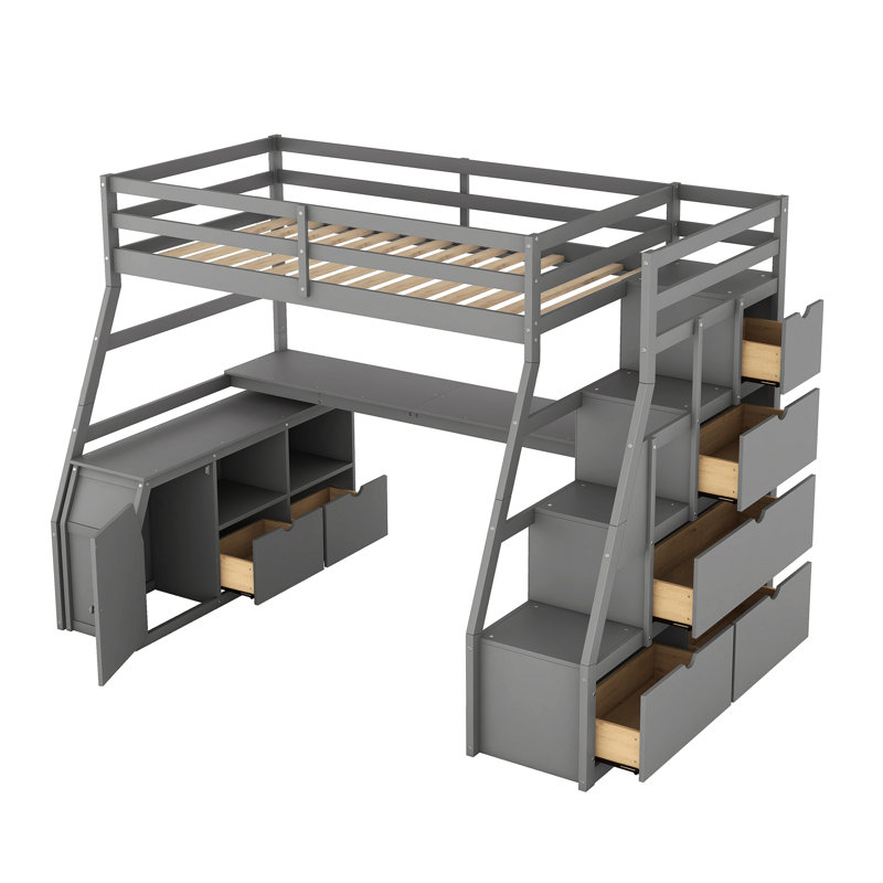 Gray Twin Loft Bed With 7 Drawers, 2 Shelves And Desk. Sturdily Built From Pinewood & . Playhouse Inspired Look. For 6+. No Box Spring Required. 94.7"L X 56.8"W 68.3"H. Mattress Not Included In Desk,