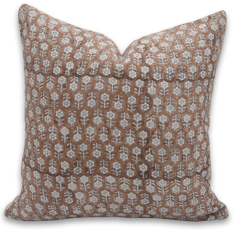 Linen Pillow Cover, 14"H x 14"W, Square, Brown/White Floral 2