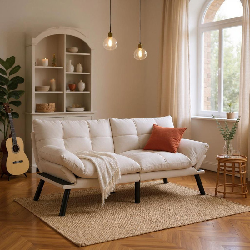 Canapé-lit futon convertible 2-en-1 avec accoudoirs et dossier réglables pour les petits espaces, crème, Crème, crème