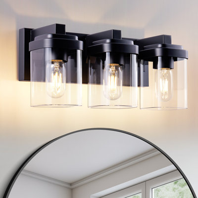 3 lumières de meuble-lavabo de salle de bain noir mat avec abat-jour en verre transparent, douilles E26 pour tous les types d'ampoules, mur et verre modernes à large plage d'utilisation, présentoir d'art miroir approprié