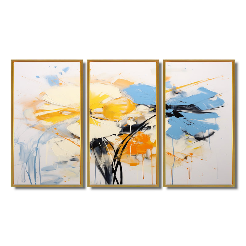 Erastus - Ensemble d'art mural floral moderne, Cadre flottant doré, H 28 po x l 36 po x P 1 po