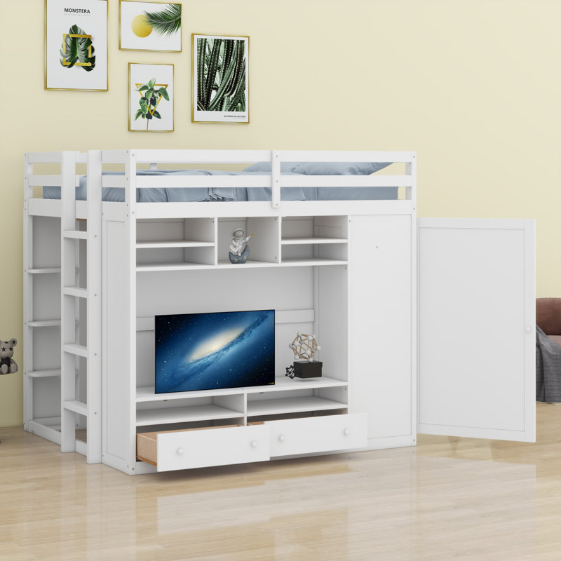 Loft Bed With Drawers, Shelves And Light, Blanc