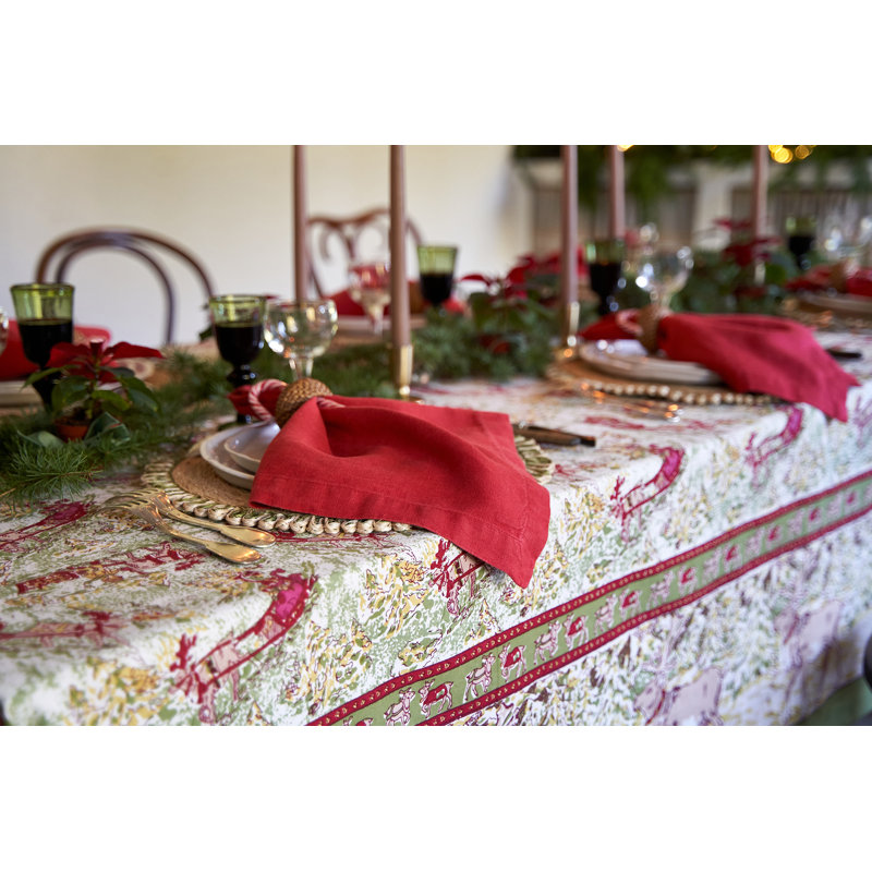 Renne Handmade Floral Tablecloth, 142" x 71", Green/Red