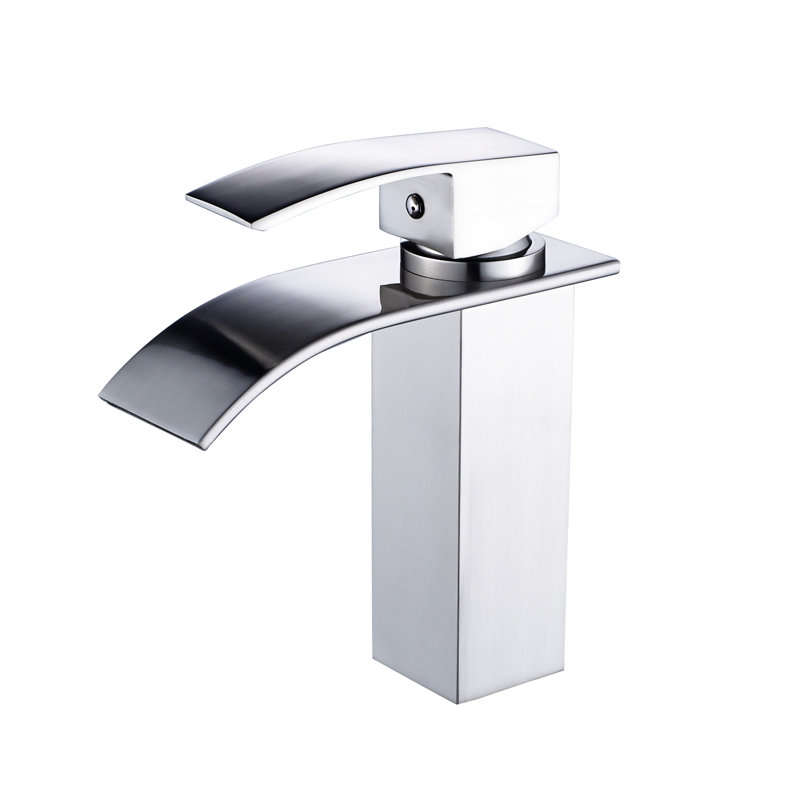 Robinet de salle de bain moderne en nickel brossé, trou unique, cascade, débit silencieux, commande manuelle, robinet contemporain en nickel à valve à cartouche, fonctionnement en cascade, contrôle