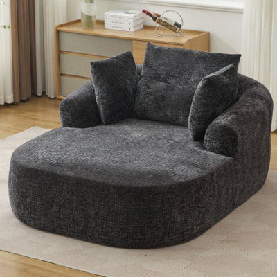 49.5" Black chenille Chaise Lounge sofa bed, deep seat, with cushions and armrests, no assembly required