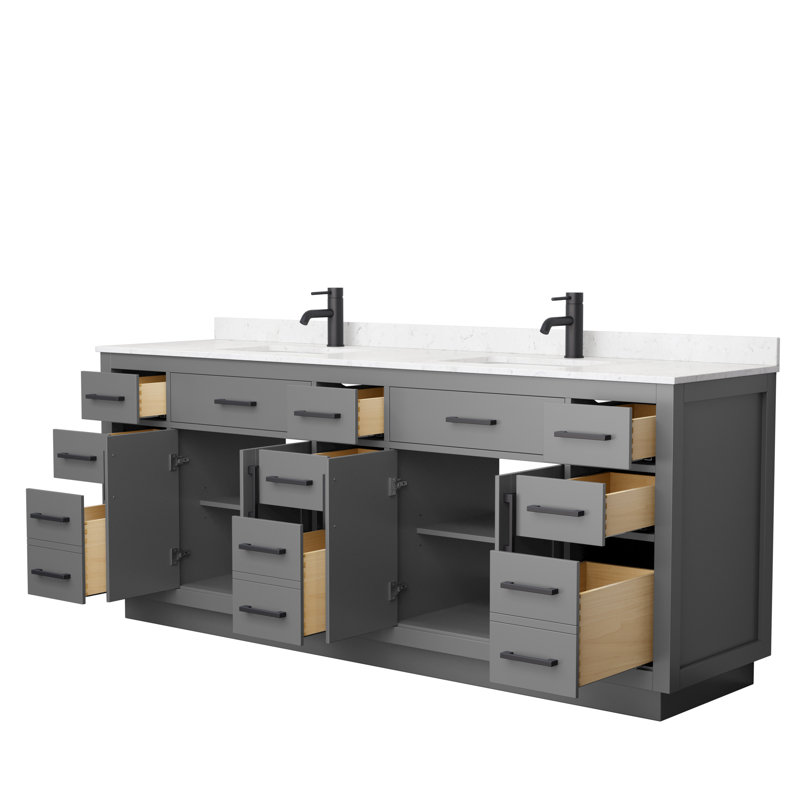 Beckett TK 84'' W Double Vanity, Matte Black, Dark Gray, Carrara Cultured Marble