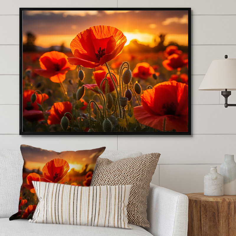 «Red Poppies Field With Sunset II», reproduction d'art sur toile coquelicots, H 16 po x l 32 po x P 1 po, Cadre flottant noir