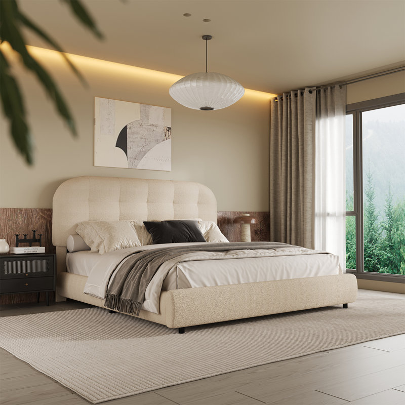 Hayden Boucle Upholstered Platform Bed with Headboard, Cloud Bed Frame, Soft Rounded Corners, Cream, Queen