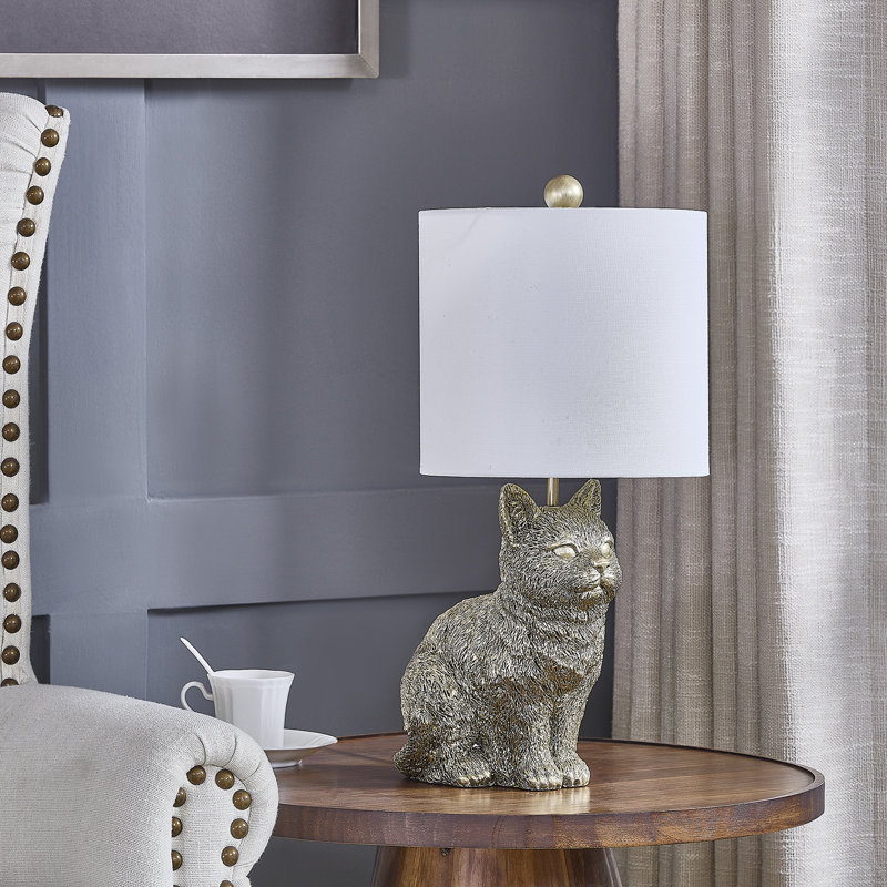 20" Resin Cat Table Lamp With Shade, Gold, White
