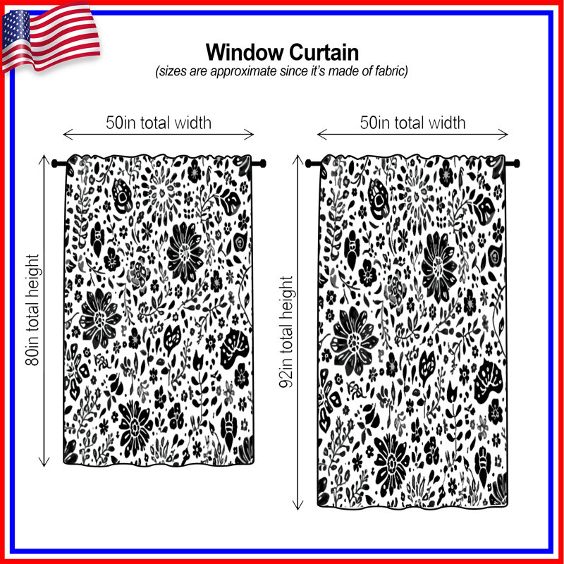 Rideaux de fenêtre noirs et blancs à motif floral, 50" x 80" - 1 Panel, Transparent