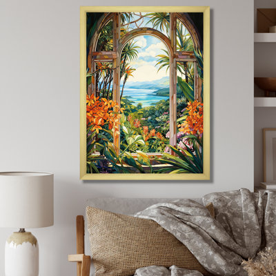 «Tropical Windows View Blooms 2», art mural floral abstrait