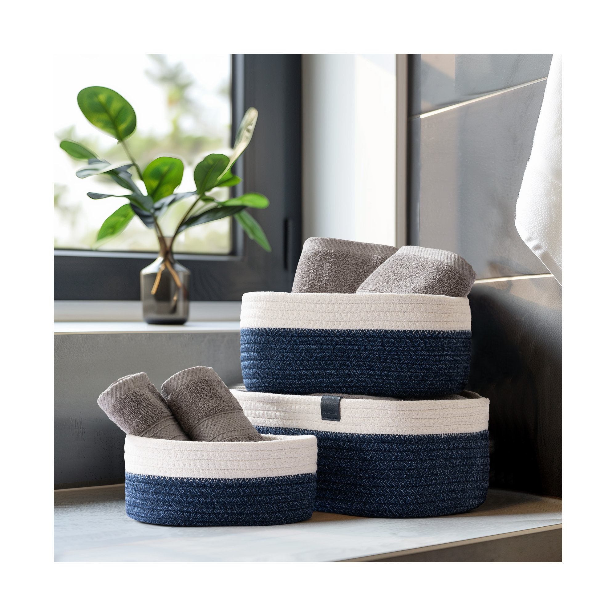 Cot Fabric Decorative Basket - Set of 3, Blue/White