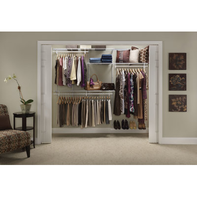 Adjustable ShelfTrack Wardrobe Storage Shoe Shelf and Clothes Rail Kit 2.4m Wide White Heavy Duty Wire Shelving by ClosetMaid