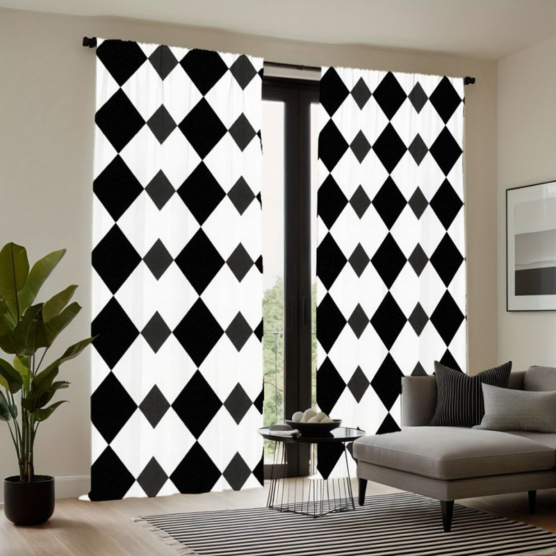 2Pcs Black and White Geometric Design Curtains, Rod Pocket Light Filtering, Modern Minimalist Style, All-Season For Living Room Bedroom Study Window Decor