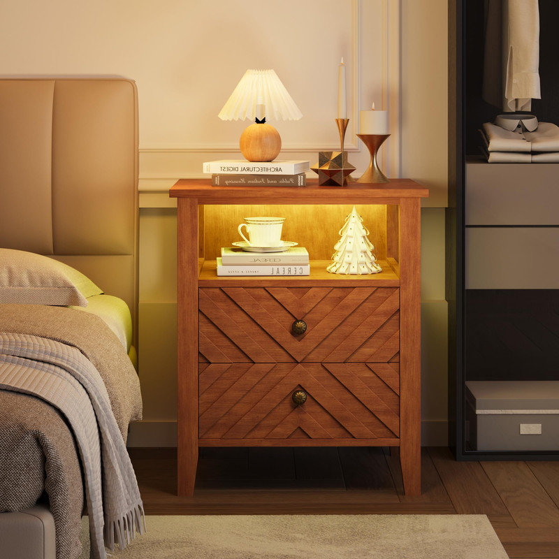 LED Night Stand with 2 Storage Drawers and Stable Wooden Legs，Farmhouse Nightstand w/V-Shaped Design & Open Storage Shelf，Wooden Rustic Bedside Table for Bedroom Living Room
