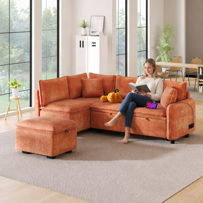 Canapé-lit d'angle convertible de 210 cm (82,67 pouces) avec pouf de rangement, deux coussins, deux prises électriques et deux ports USB pour salon