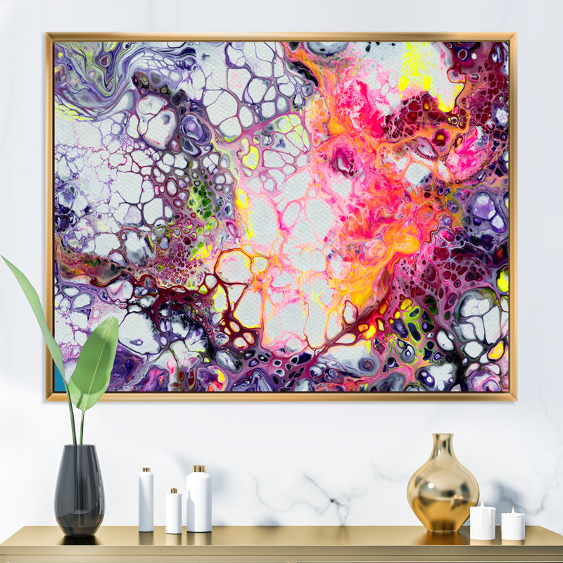 Organic Shapes In Purple And Yellow Liquid Art - Modern Canvas Artwork, 34" H x 44" W x 1.5" D, Gold Floater Frame