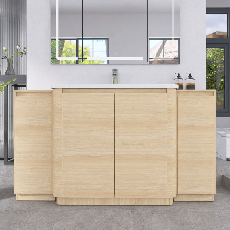 Meuble-lavabo autoportant de 60 po avec lavabo en céramique blanche et 2 armoires de rangement, portes à fermeture douce, chêne blanc américain