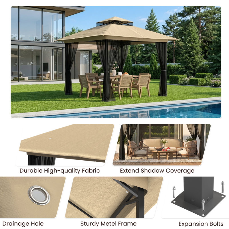 10X10 Gazebo, Outdoor Patio Gazebo With Mosquito Netting, Double Roof Metal Gazebo, Canopy For Backyard Covered Patio, Heavy Duty Gazebo Outdoor For Garden Deck Lawn，Black / Gray / Khaki / Navy Blue