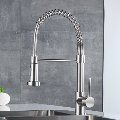 Brushed Nickel Kitchen Faucet With Pull Down Spray, Single Handle, 360-Degree Rotatable Block Handle Pull-Down , Nickel, 360 Degree Spout For Sinks