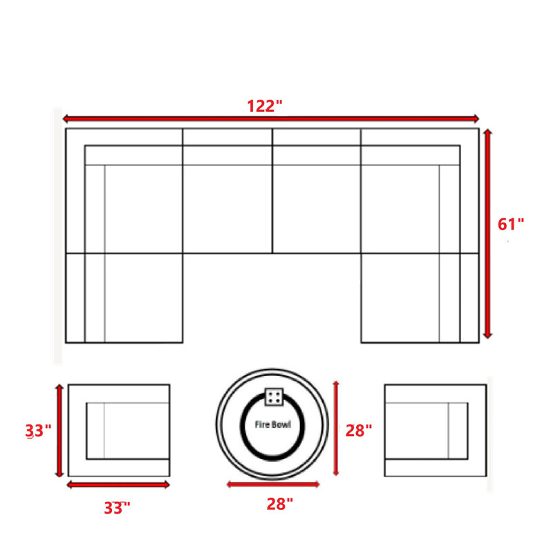 Ensemble de conversation pour 6 personnes avec coussins Sunbrella et foyer en béton Lsi, Bleu marine Sunbrella