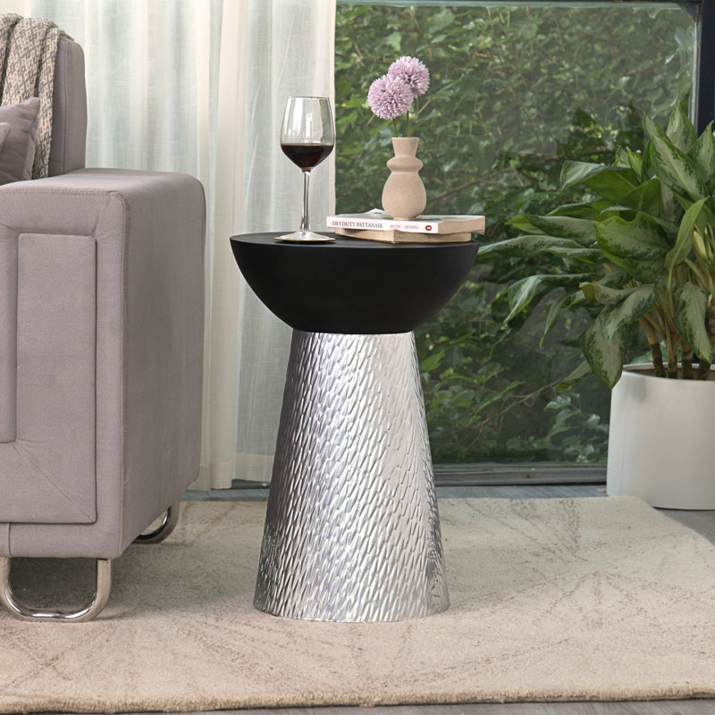  Modern Accent Hourglass Design Side Table with Matte Black Wooden Bowl Top, Silver