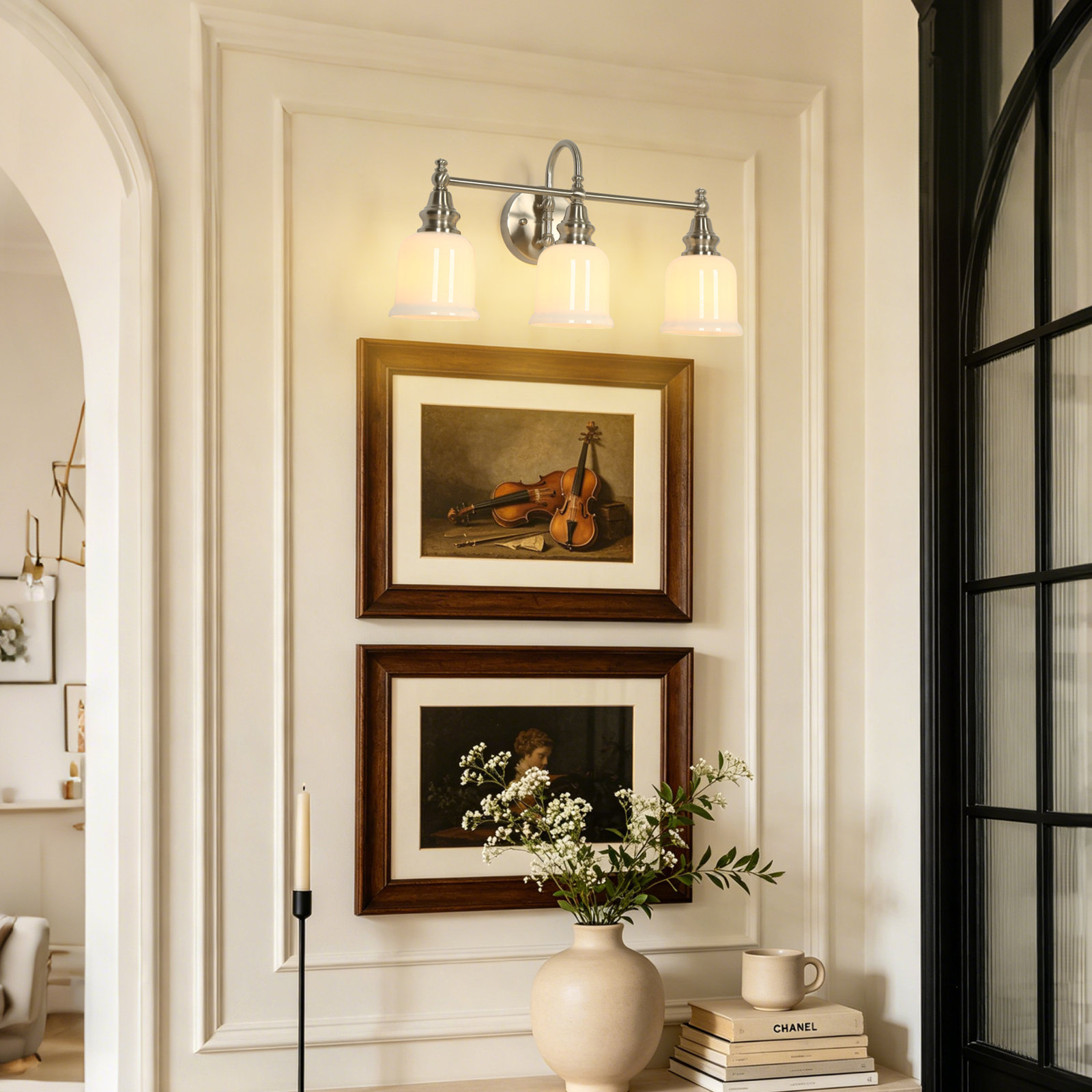 3-Light Dimmable Brass Vanity Light, Silver