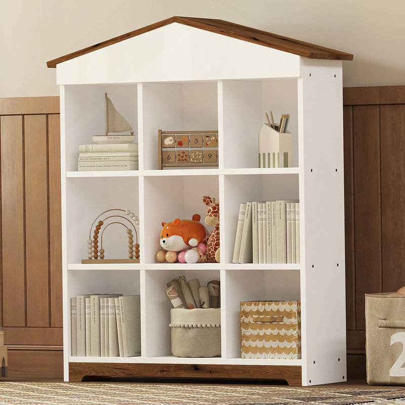 House-Shaped Storage Rack With Nine Storage Compartments, Three-Layer Storage Shelf With Colorblock Design, Brown/White