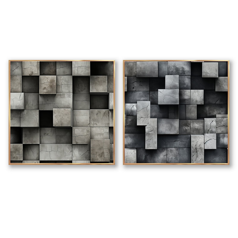 Francille - Ensemble de 2 collages carrés à formes abstraites, H 16 po x l 33 po, Cadre flottant doré