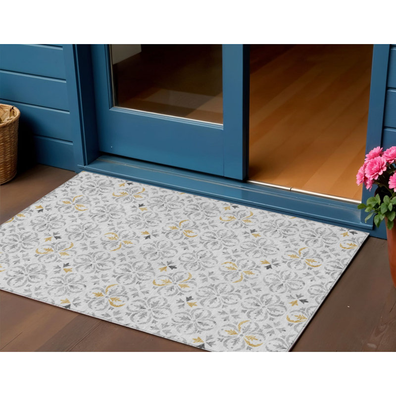 Tapis d'intérieur lavable à motif floral gris argenté 3 pi x 5 pi