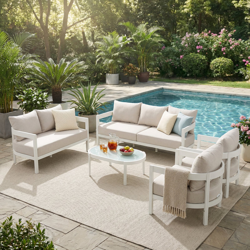Contour Outdoor 5-Piece Aluminum Conversation Set With Tempered Glass Top & Cushions,  5 Pcs: Table, Sofa, Loveseat, 2 Chairs