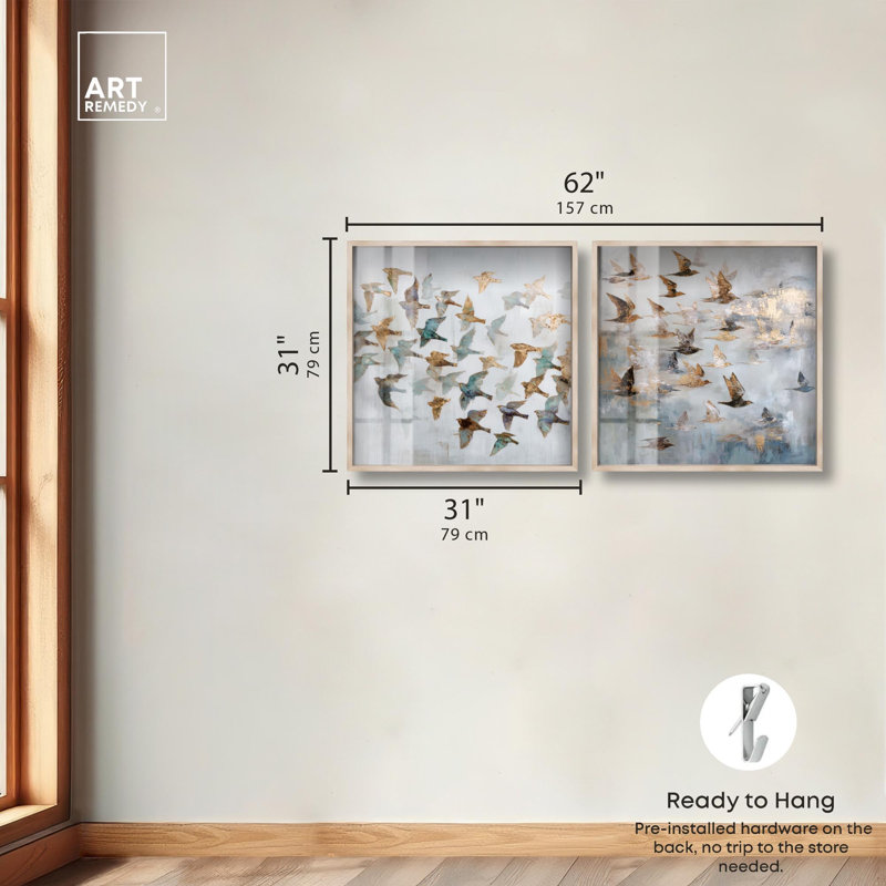 «Sky Full of Wings Shadowbox Print Gold Boho» par Art Remedy, cadre blond, 30 x 30, 31" H x 31" W, Blonde Frame