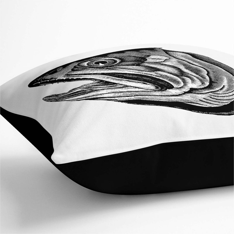 Fish Head Illustration Cushion with Filling, Black, 55cm H x 55cm W x 20cm D