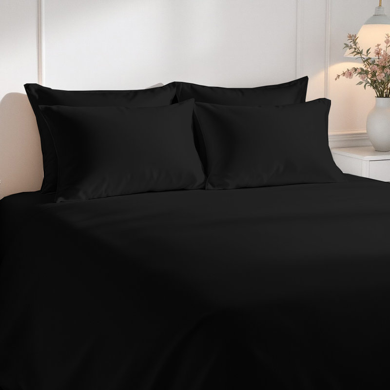 Ensemble de draps luxueux en microfibre de qualité supérieure, Noir, Ensemble de draps pour grand lit avec 4 taies d'or