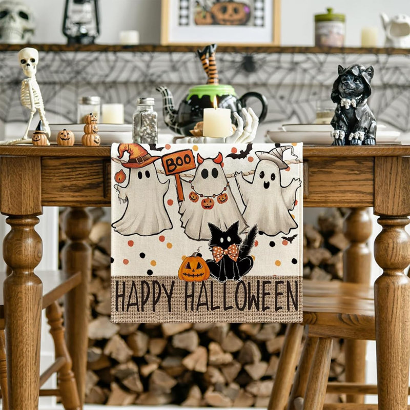 Halloween Table Runner, Ghost Decor Linen Washable Table Runner, for Kitchen, Bar, Dining Table, 183 * 33 cm Pumpkin Table Runner (Type A)