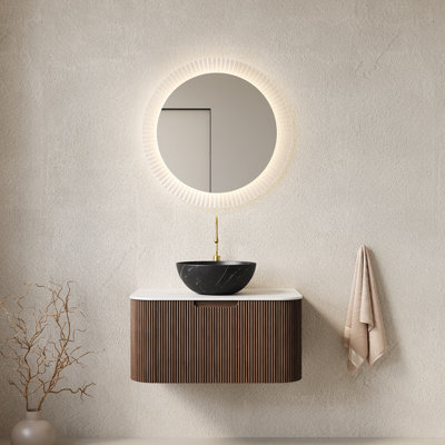 Dina 30" Bathroom Vanity With Sink, Wall-Mounted Curved Edges Striped Bathroom Storage Cabinet With Drawer, Black Bowl Ceramic Basin With Stone Pattern, Pre-Assembled, Dark Walnut Woodgrain Color