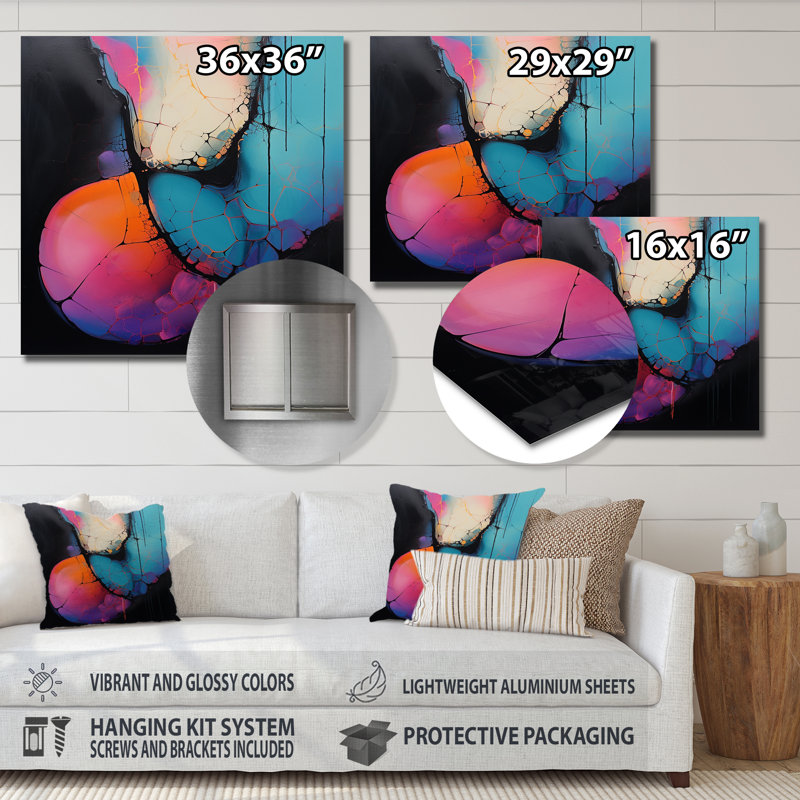 «Blue and Pink Cubist Ink Expression I», impression d'art mural en métal fractal, H 16 po x l 16 po