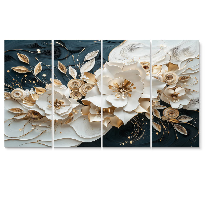 Ensemble de salon art mural pivoines blanches et noires à encre liquide I, H 32 po x l 64 po