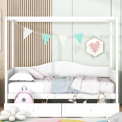 Lit de jour à baldaquin simple en blanc - Créez un espace privé avec vos décorations préférées sous les tiroirs pour une nuit de sommeil confortable