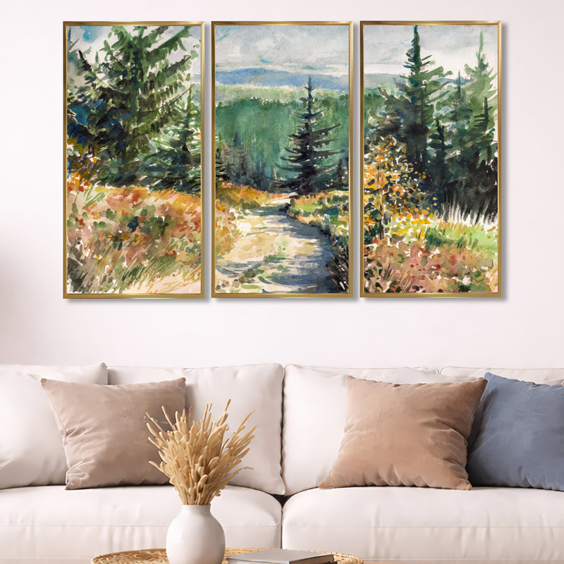 «Little Road In Mountain Landscape», ensemble d'art mural sur toile encadré champêtre, H 28 po x l 36 po, Doré