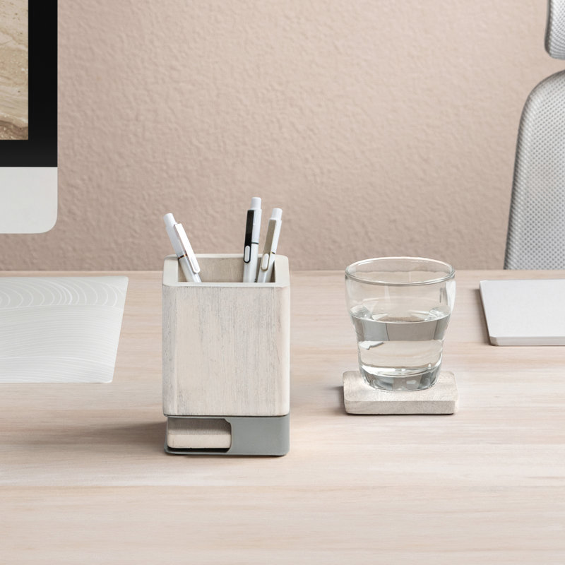 Solid Wood Pen Cup Holder with 2 Coasters, White Wash/Nickle