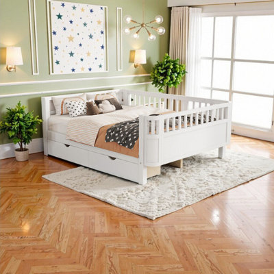 Lit plateforme en bois blanc élégant pour enfants - Lit bas sûr et spacieux avec tiroirs de rangement