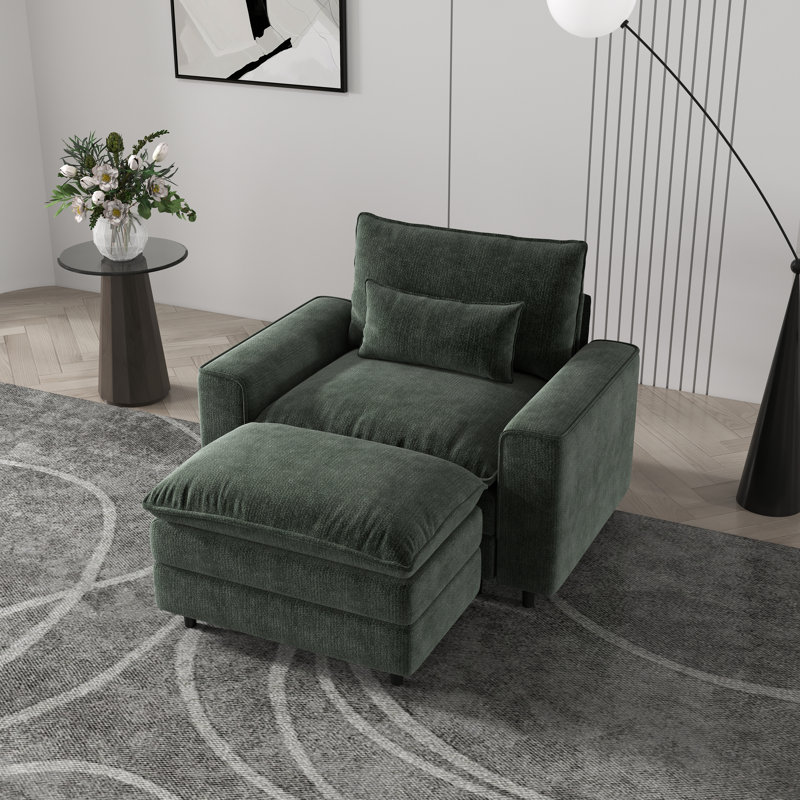 Fauteuil à assise profonde en tissu chenille avec assise profonde et structure en bois massif Chenille, Vert