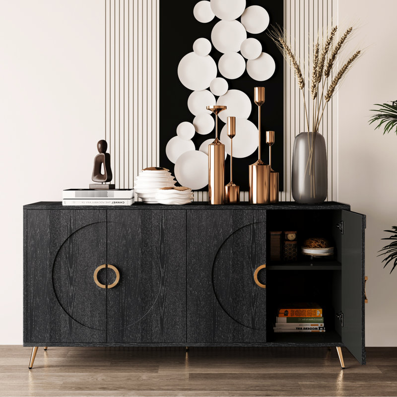 Buffet à 4 portes en bois avec buffet, finition noire patinée, moderne avec tablettes de rangement réglables pour le salon, le vestibule, le couloir, le bureau, la cuisine et la salle à manger